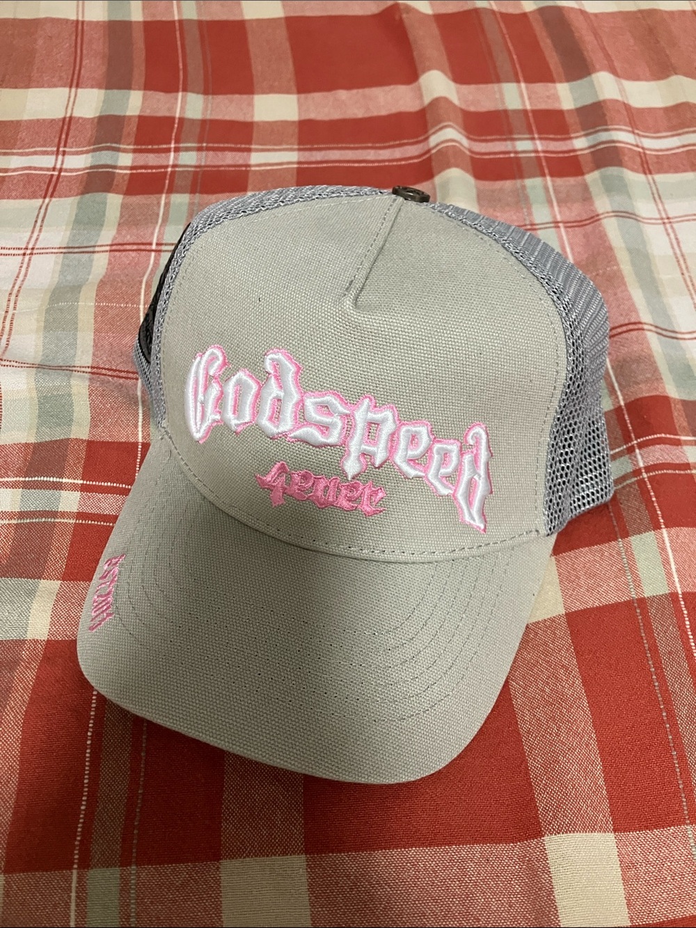 Script Trucker Hat - Pink on Gray